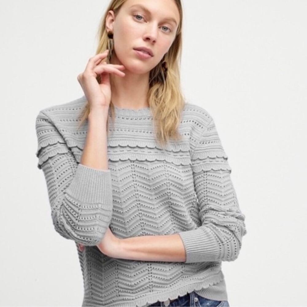 J. Crew Pointelle Knit Sweater Gray Scallop Crewneck Feminine Lightweight Small